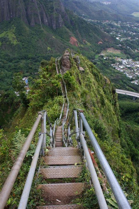 Oahu hawaii haiku stairs - Feb 21, 2015 · The Stairway to Heaven, Hawaii's beloved hike that could get you in trouble with the police and requires a $1 million insurance plan, was damaged during a storm that swept through the Hawaiian islands over Valentine's Day weekend. After the storm damage, five hikers got stuck on the east side of the mountain's ridge and were trapped overnight. 